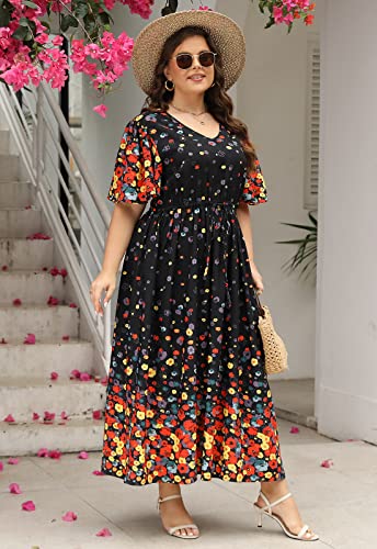 Image of Nemidor Womens Plus Size Maxi Dress Summer Boho Sundress Floral Print Flared Casual Long Dresses with Pocket