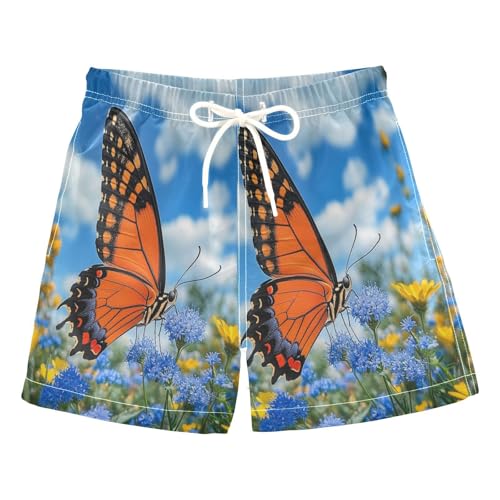 DOMIKING Orange Monarch Butterfly Toddler Boys' Swim Trunks Mesh Lining Swim Shorts for Boys Beach Pool Adjustable Waist