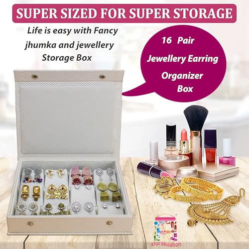 Image of atorakushon PU Leather Makeup Storage Box Travelling Vanity Jhumka Earrings Cosmetic Necklace Jewellery Wardrobe Organizer for Woman (Zig Zag Cream)