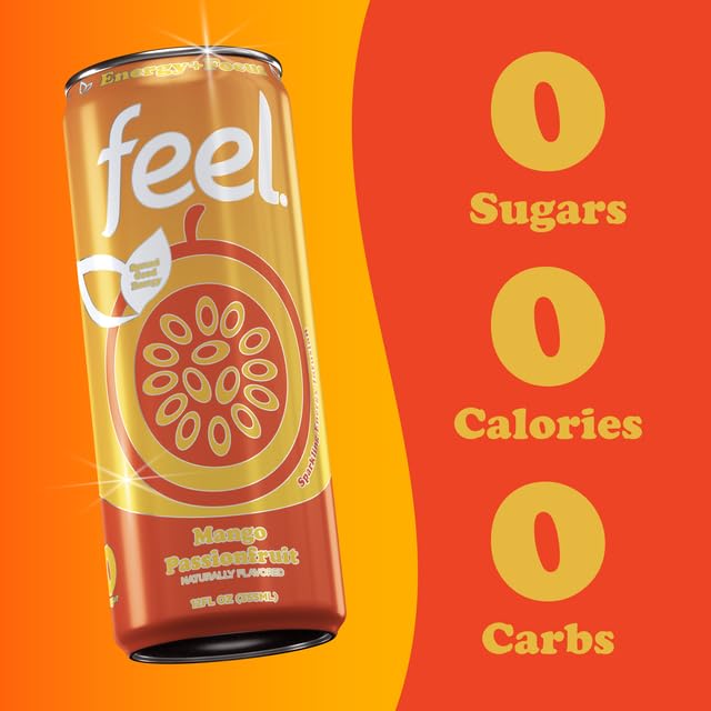 Miniatura 4 de FEEL Sparkling Mango - Bebida energética natural de fruta de la pasión, bebida energética saludable sin azúcar, L-teanina, bebida de cafeína en