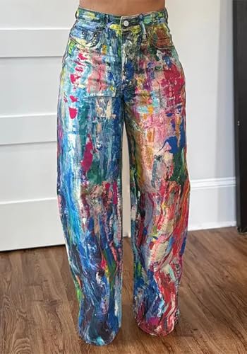 Famnbro Womens Baggy Y2k Jeans Tie Dye Print Splash High Waisted Straight Wide Leg Boyfriend Denim Pants Streetwear2