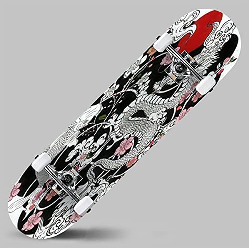 Chinese Dragon With Peach Blossom And Cloud Tattoo Japanese Tattoo Skateboard 31"X8" Double-Warped Skateboards Outdoor Street Sports Skateboard For Beginners Professionals Cool Adult Teen Gifts #TOP3
