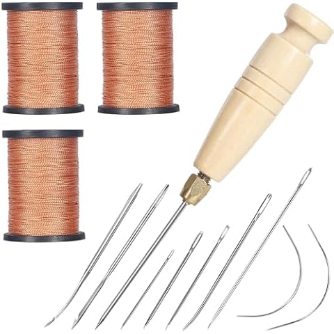 3-Spool Nylon Thread for Sewing, Each 80 Yards Thick Thread Kit for Adult Include Sewing Awls & Needles for Hand Sewing, Upholstery Thread & Needle for Repairing Leather, Shoes, Furniture, Brown Cover