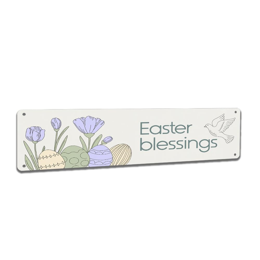 Peiyeety A002 Easter Blessings Vintage Metal Tin Sign, 4X16 Inch Rustic Easter Themed Wall Decor, Retro Sign For Home, Porch, Waterproof Tin Sign, Durable Wall Art