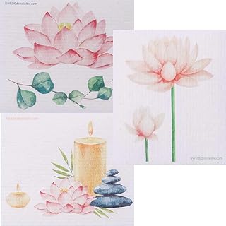 SWEDEdishcloths Mixed Pink Lotus Set of 3 Cloths (One of Each Design) | ECO Friendly Reusable Absorbent Cleaning Swedish Dishcloths (Mixed Pink Lotus Flowers)