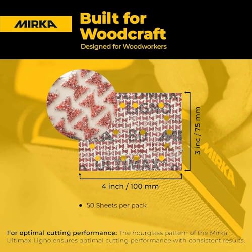 Image of Mirka Ultimax Ligno 3x4 in 180 Grit Wood Sanding Sheets Hook & Loop 50 Pack | Woodworking Sandpaper for Orbital Sanders with Multifit Holes, Fast, Even Cut and Dust Extraction on Hardwood and Softwood