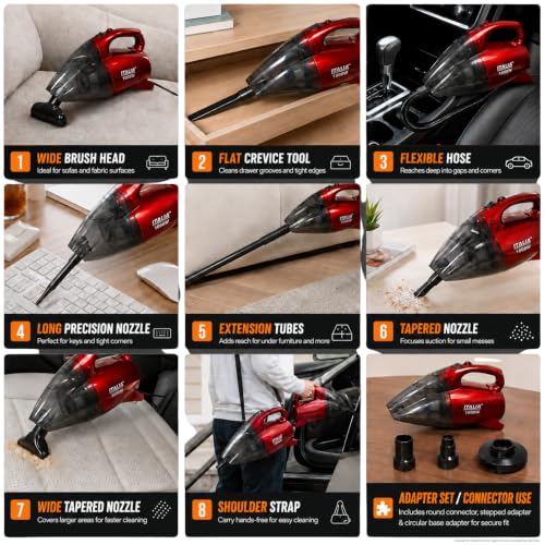 Image of ITALIA 1000W Powerful Handy Vacuum Cleaner with Blower | Corded Bagless Design for Home & Car | Lightweight, with Shoulder Strap & 8 Accessories