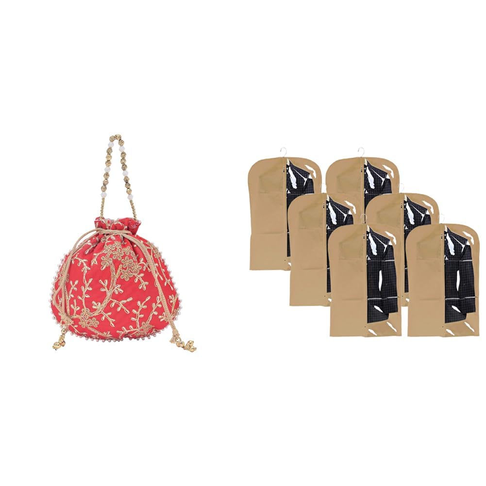 kuber industries Potli Bags for Ladies & Girls | Women Shagun Pouches for Festive Seasons | Batwa Bag + Half Transparent 6 Pieces Non Woven Men's Coat Blazer Cover (Brown) - CTKTC30921-picture-37