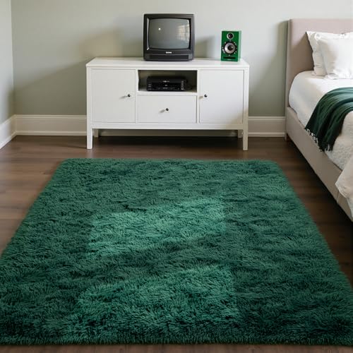 Zentavio Area Rugs for Living Room Small Carpet for Bedroom 3x5 Bedside Washable Soft Fluffy Shag Aesthetic Plush High Pile Throw Rug for Nursery Kids Room Dorm Room Green