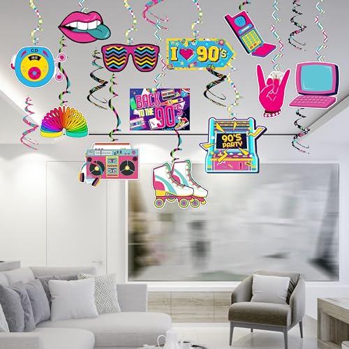 Image of 90s Themed Party Decorations Hanging Swirls | Throwback 90's Party Colorful 1990s Hip Hop Ceiling Decor for Back to The 90s Adults Birthday Party