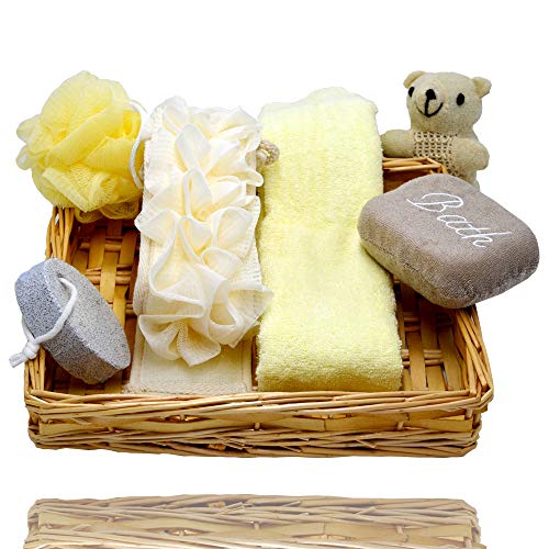 Spa Shower Gift Basket - Luxury Bath & Body Set for Women/Men - Brush, Scrub, Exfoliate, Wash - Contains Microfiber Towel, Back Scrubber, Pumice Stone and Body Sponge & Handmade Weaved Basket