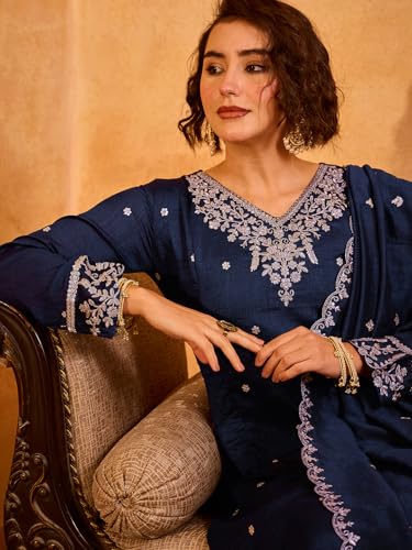 Image of Naixa Women's Vichitra Silk Embroidered A-Line Kurta with Pant and Dupatta Sets (NX-845)