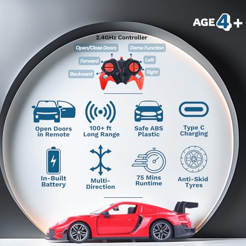 Image of Popsugar Door Opening Remote Control Car|Rechargeable 1200mAh Lithium Battery|C-Type Charging|75-Min Runtime|2.4G Long Range Remote (100+ ft)|HighSpeed RC Car|Gift for Kids|Made in India (Red)