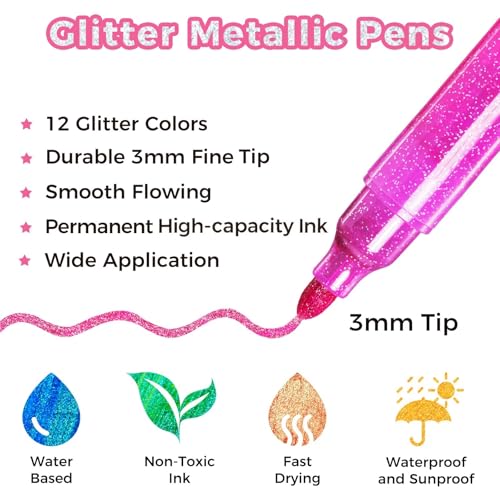Ohuhu Glitter Pens 12 Colours, 3mm Medium Tip Metallic Shimmer Marker Water-based Ink for DIY Crafts Greeting Birthday Cards Making Poster Album Scrapbook Mugs Wood - Image 2