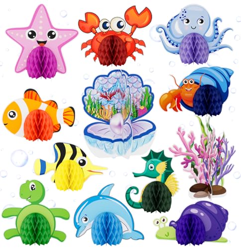 12 Pcs Under The Sea Party Decorations, Sea Animals Honeycomb Centerpieces Ocean Fish Centerpieces for Table Beach Table Decorations for Baby Shower Sea Creatures Theme Birthday Party Supplies