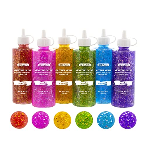 BAZIC Products Celestial Glitter Glue, 6 Colors, 4 Fl Oz, 6-Set
