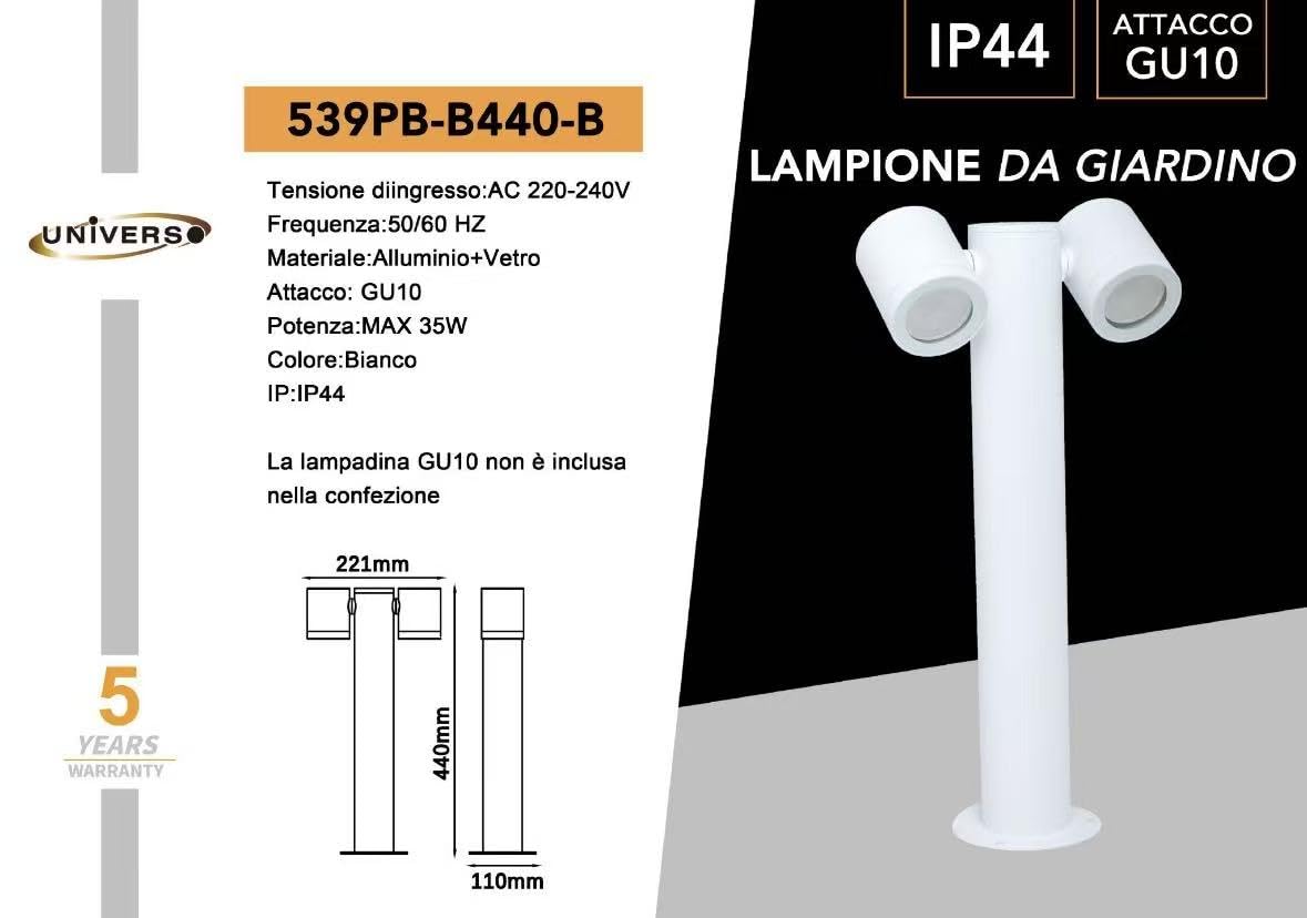 Lampione da Giardino GU10 IP44 440mm, Palo Luce da Esterno Moderno in Alluminio, Attacco GU10, Lampada da Terra per Vialetti, Giardino, Cortile – Senza Lampadina 539PB-B440 (Bianco)