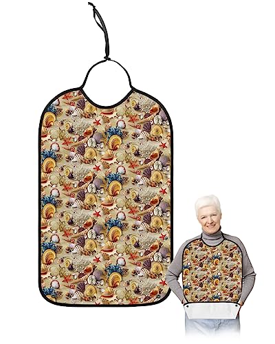 Kewadony Adult Bibs for Elderly Women - Beach Seashell Starfish Waterproof Dining Clothing Protectors with Crumb Catcher for Eating/Feeding, Summer Ocean Marine Life Terry Cloth Bib Machine Washable