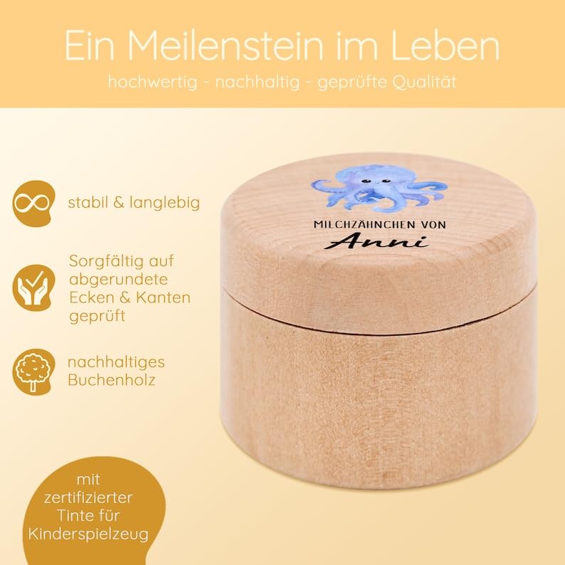 Bärenfreunde - Milchzahndose personalisiert aus Holz mit kinderfreundlichem UV-Druck - Zahndose Milchzähne als Erinnerung an die ersten Zähnchen (Tintenfisch blau)