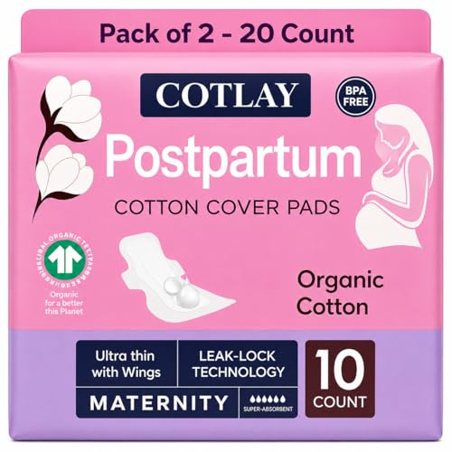Cotton Postpartum Pads | Thin, Ultra Absorbent and Long Pads with Wings 20 Count | Organic Cotton...