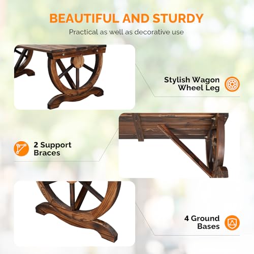 Image of VINGLI Rustic Wooden Wheel Bench Outdoor Bench, Patio Bench Wagon Slatted Seat, Garden Benches for Outdoors 350lbs High Capacity, Weather Resistance (Rustic, 38in)