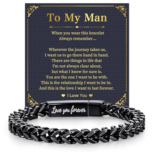 MEALGUET Black Chain Bracelets for Men : Stainless Steel Franco Chains Love you Forever Engraved Link Mens Bracelet to Man Boyfriend Sentimental Gifts for him on Birthday Valentine Anniversary M
