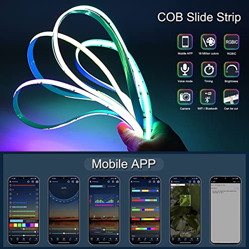 Image of RGB Smart IC COB Led Strip Light 3600 LEDs 16.4ft 12mm Width, 12V Alexa Led Light Strip for TV Backlight, Flexible Tape Light for Room Decor, Music Sync, APP Control, RGB+IC