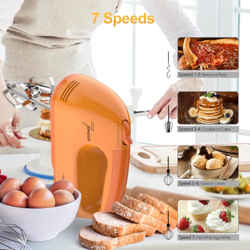 Image of LILPARTNER Hand Mixer Electric, Ultra Power Kitchen Hand Mixer With 7-Speed & 5 Stainless Steel Accessories for Whipping Dough, Cream, Cake, Dishwasher Safe, Light Orange