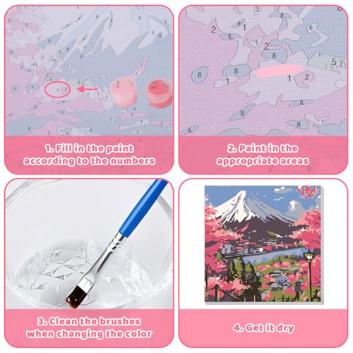 Image of HASTHIP DIY Paint by Numbers Kit for Adults & Kids, Mount Fuji Cherry Blossom Landscape Painting on Canvas, Beginner-Friendly Acrylic Painting Set with Brushes & Numbered Pigments, 20x20cm