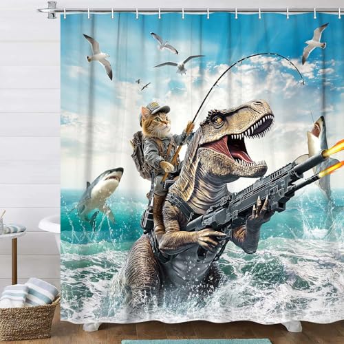 Image of Funny Cat Dinosaur Shower Curtains, Fun Cat Fishing Riding Dino Fighting on Blue Ocean Shower Curtain Sets with Hooks, Waterproof Fabric Kids Men Cool Bath Curtain for Bath Decor, 72x72 Inches