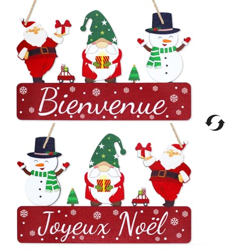 BMGRKYQX - 1Pc Décoration à Suspendre Noël,Ornement Suspendu en bois “Joyeux Noël” ”Bienvenue” Motif Père Noël,Bonhomme de Neige,Gnome avec Ficelle Panneau de Fenêtre De Noël pour Jardin Porte Mur Vitrine