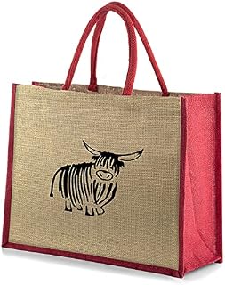 Large Jute Red Trim Shopping Bag with Black Highland Cow Print Height 32cm Length 42cm Depth 18cm