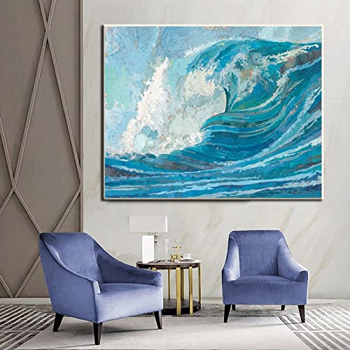Rucatto Blue Ocean And Waves Surfing Canvas Sea Painting Poster Canvas Painting Wall Art Poster For Bedroom Living Room Decor 24X32Inch(60X80Cm) Frame-Style #TOP3