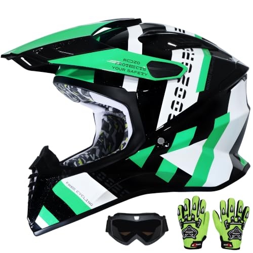 DOT Approved Youth Dirt Bike Helmet with Visor for Kids, Full Face Motocross ATV Helmet Set with Goggles & Gloves, Off-Road Motorcycle Youth BMX Go Kart Riding Gear Set by Roozo - Used condition - US$49.50