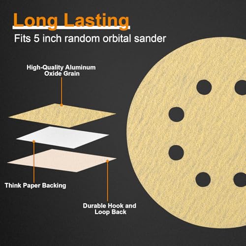Image of 100PCS 5 Inch Sanding Discs, 8 Hole Hook and Loop 80 Grit Sandpaper, Round Sand Paper for Random Orbital Sander