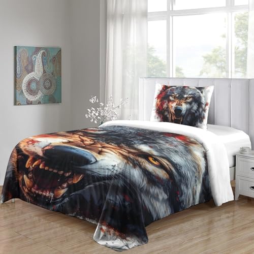 Housses de couettes 2 pièces 135x200cm imprimé loup 3D microfibre - 5