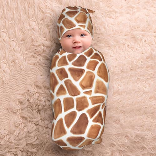 Image of Lcokin Giraffe Print Baby Stuff Swaddle Blanket Hat Set for Boys Girls, Funny Animal Skin Newborn Receiving Blanket