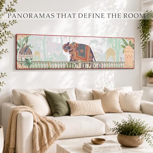Image of Royal Indian Elephant Vastu Canvas Wall Art Painting For Living Room, Traditional Palace Scene Elephant Painting, Vintage Heritage Panoramic Garden Wall Art For Home & Office, 12x46 Inch