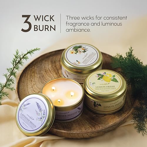 Image of Aromahpure Lavender 3 Wick Candle in Container with Lid Pack of 3 | 85g Each | Burn Time 7 Hours Each | Scented Candle | Relaxing Aromatherapy Candles for Home Decor, Gifting, Bedroom & Spa