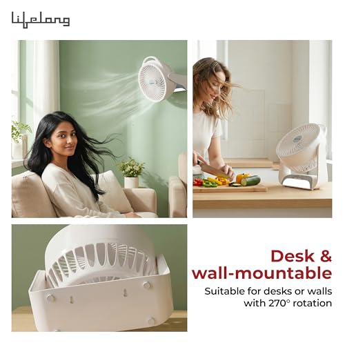 Image of Lifelong Personal Table Fan with LED Light | 3 Speed Settings, 2650 RPM | Built-In LED Light with 3 Light Modes | Desk & Wall Mountable | 5W BLDC Motor, 2400mAh Battery | Type-C Rechargeable (White)
