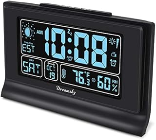 DreamSky Auto Set Alarm Clock with Humidity, Indoor Temperature, Moon Phase, Bedroom Electric Clocks with Battery Backup, 6
