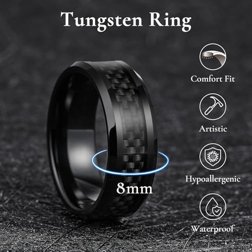 King Will 8mm Tungsten Carbide Rings for Men Men's Wedding Band with Carbon Fiber Inlaid Beveled Polished2