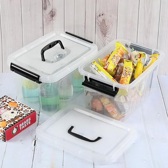 4-Pack 6.5 Quart Small Storage Boxes, Plastic Storage Latch Bin, Clear