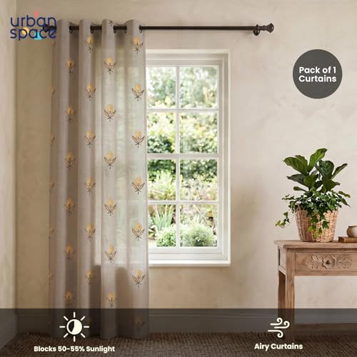 Image of Urban Space Cotton Sheer Curtain Pack of 1, Embroidered Semi Transparent Door Curtains 7 feet for Living Room, Bedroom & Balcony, 1 Pc Curtain with Eyelets and Tieback (Saanjhi Amber Brown - 7 feet)