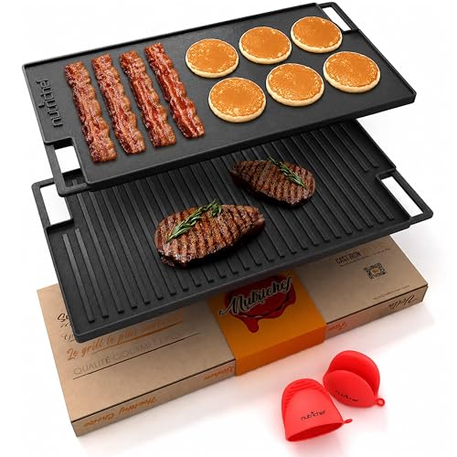 Nutrichef Plaque à Griller Réversible en Fonte - Plancha pour Induction, Gaz, Électrique - Plaque Lisse et Gril Antiadhésive | Poêle Gril pour Barbecue,...