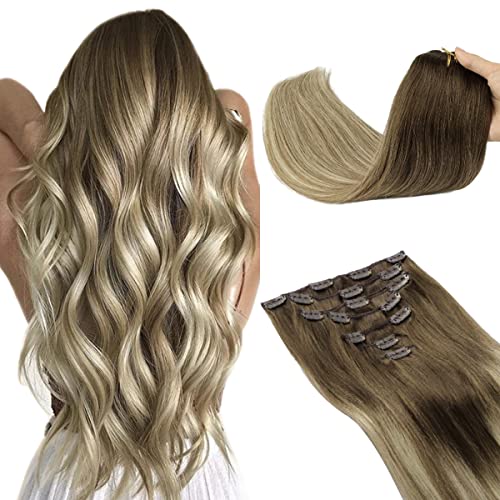 Clip in Hair Extensions, 20 inch Walnut Brown to Ash Brown and Bleach Blonde Hair Extensions Clip in Human Hair Lashey Hair Extensions Real Human Hair 120g 7pcs