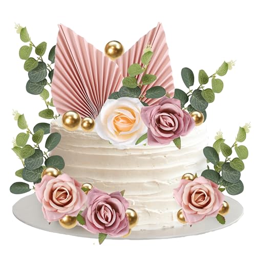 Xsstarmi 22 Pack Rose Artificial Flower Leaves Cake Decorations Gold Balloon Cake Toppers Paper Palm Fan Cake Toppers for DIY Wedding Bithday Valentines Day Party Cake Decorations Supplie