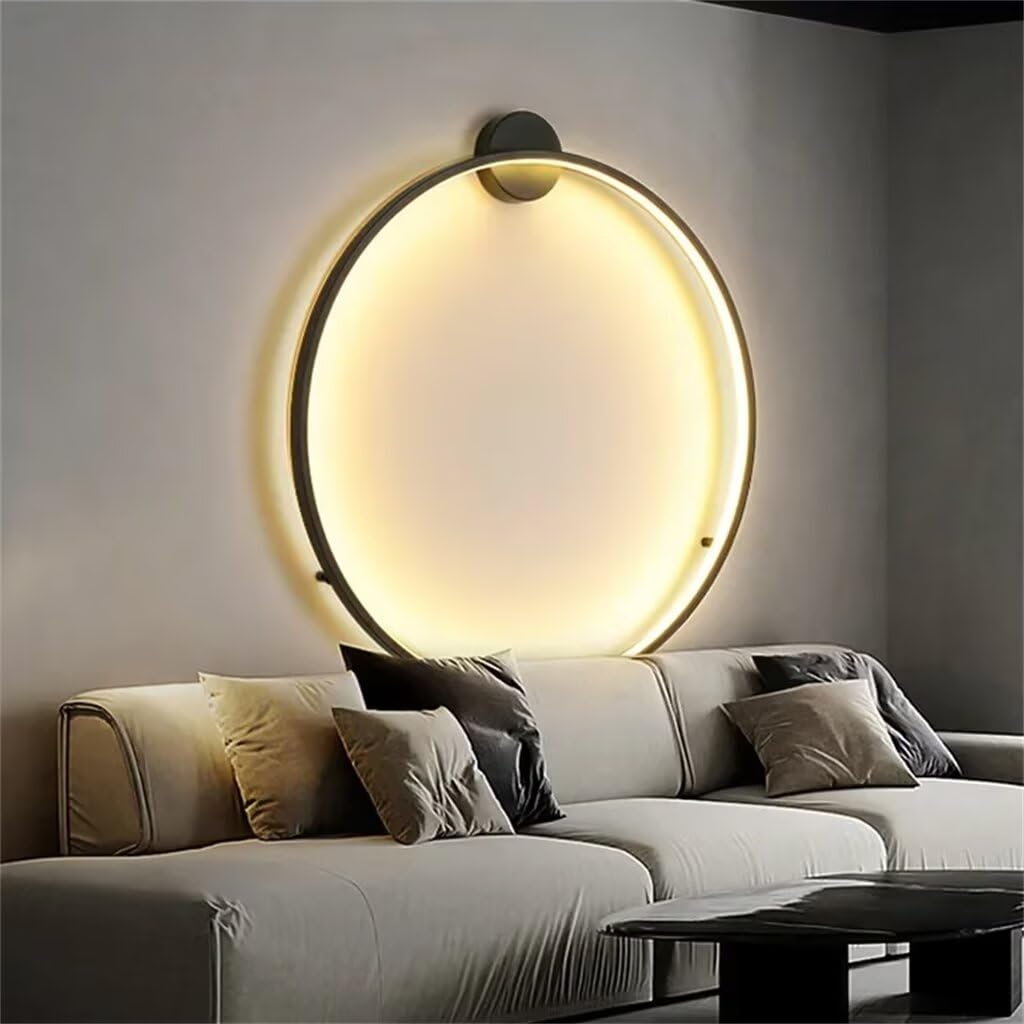 Applique da Parete Interno LED, 50cm Nero Minimalista Cerchio Lampada da Muro per Soggiorno Dimmerabile Anello Luce Parete Illuminazione Indiretta Cablata, per Ufficio, Camera da Letto