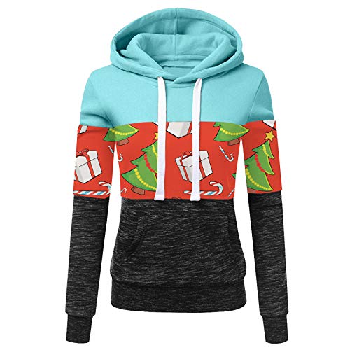 Womens Long Sleeve Xmas Splice Print Pullover Hoodies Sweatshirt Hooded Tops Blouse with Kangaroo Pockets