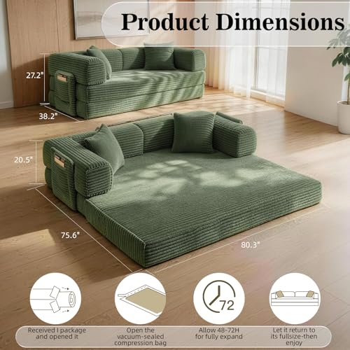 Image of AUGOP Boneless Couch Folding Couches for Living Room Sofa, Futon Sofa Bed with Sleeper Sofa, Futon Couch with Fixed-Shape Oversized Corduroy Upholstered (Green, 81 Inches)